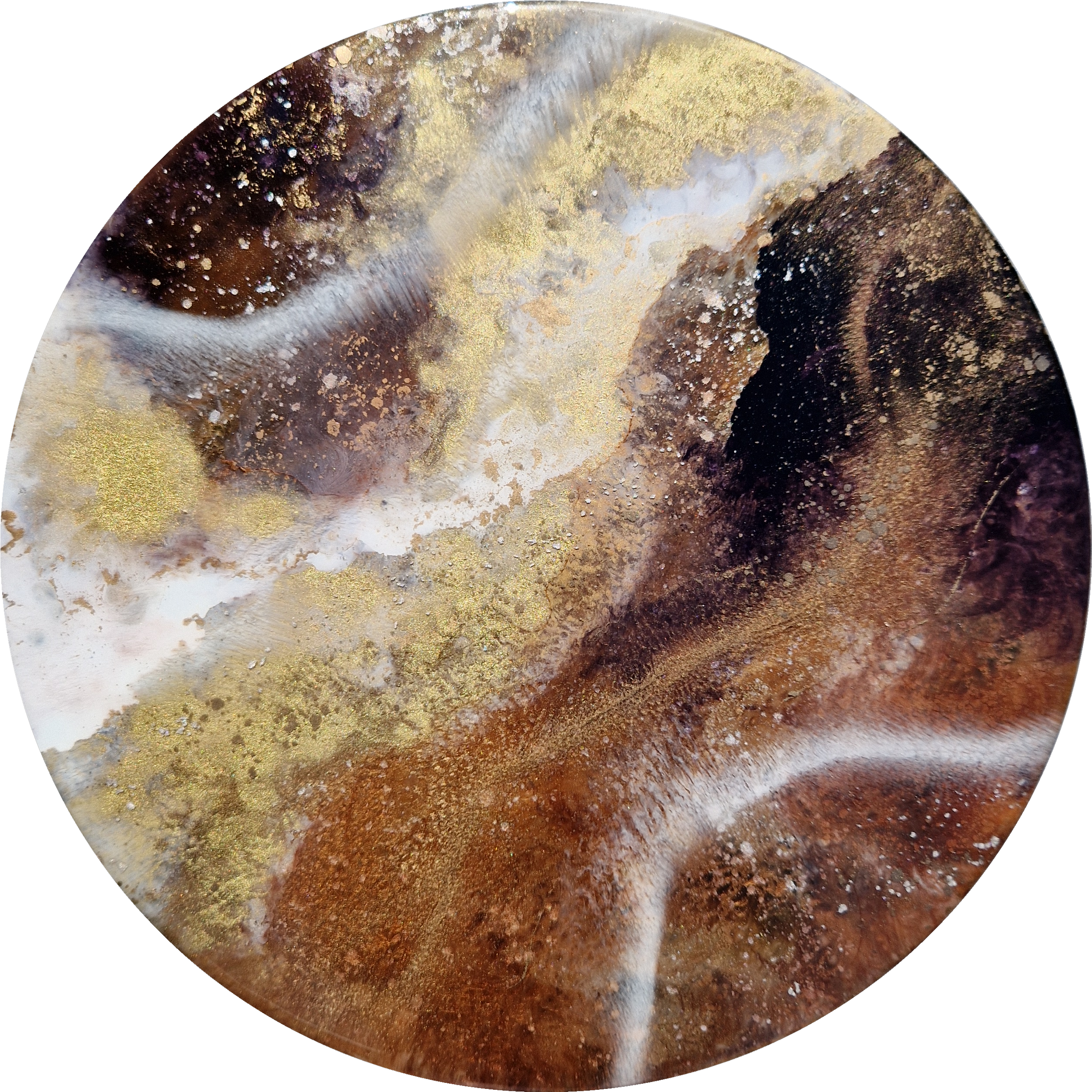 Coffee inspired round wall art inspired by the rich, warm hues of coffee. The piece is made from resin and mixed media materials. Perfect coffee painting for a coffee lover.
