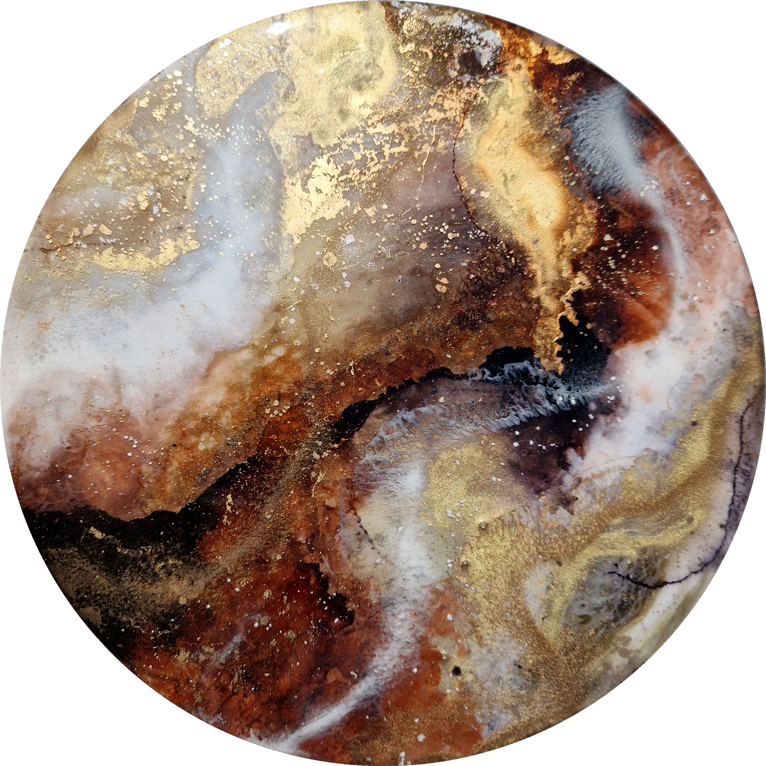 Coffee inspired round wall art inspired by the rich, warm hues of coffee. The piece is made from resin and mixed media materials. Perfect for adding a touch of organic art to any coffee lovers room.