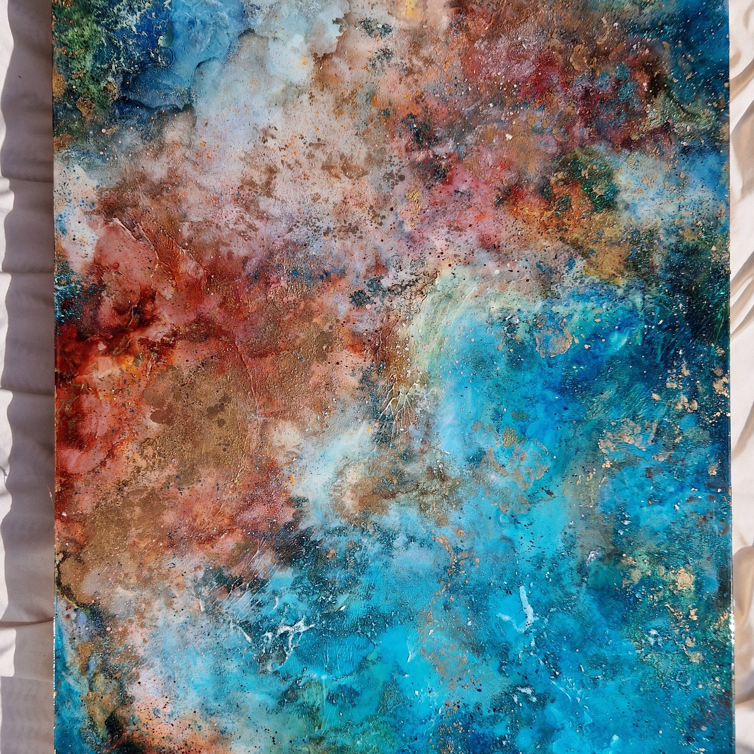 Original ocean blue and orange resin abstract wall art by Katie Alize UK resin artist Essex