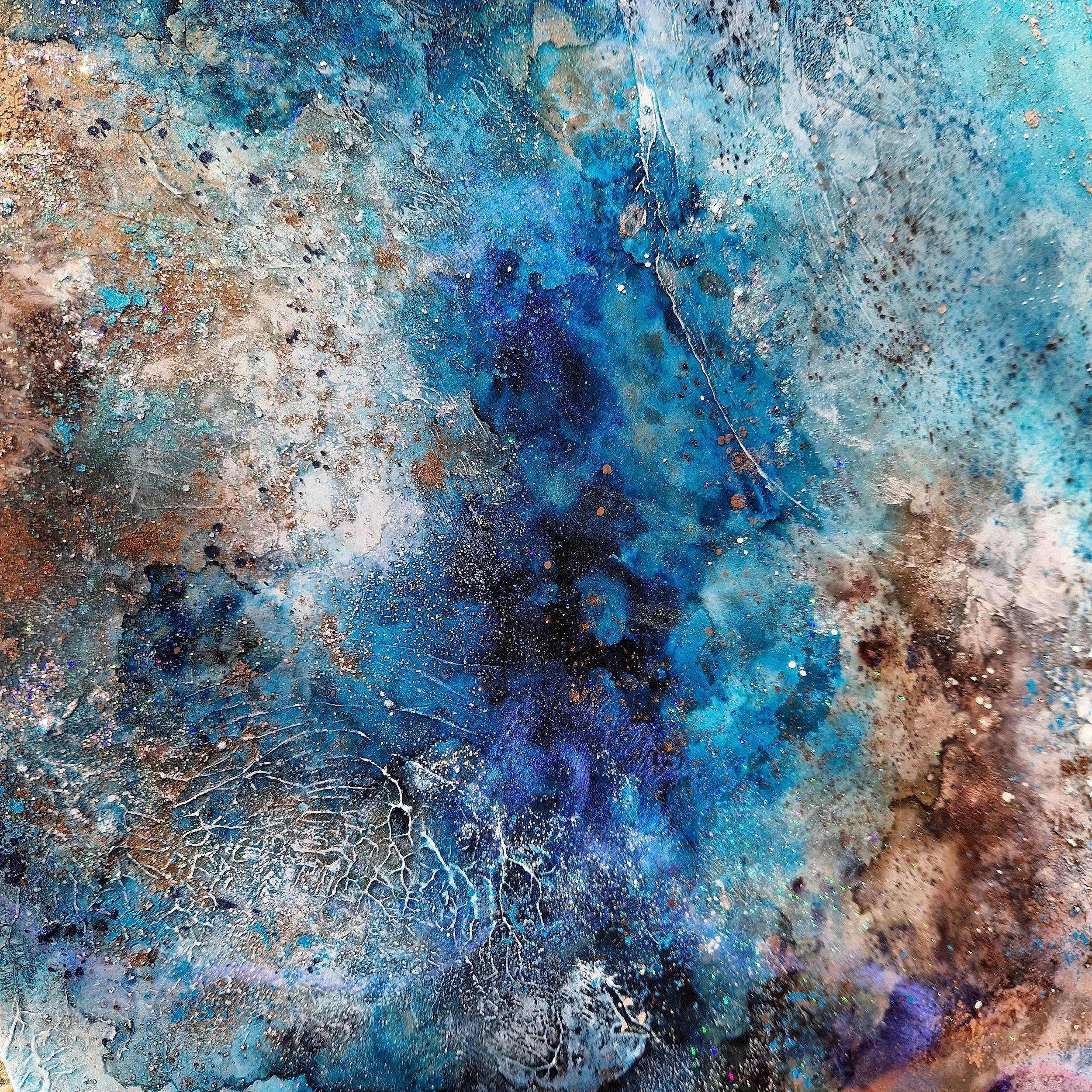 Original ocean blue and orange resin abstract wall art by Katie Alize UK resin artist Essex