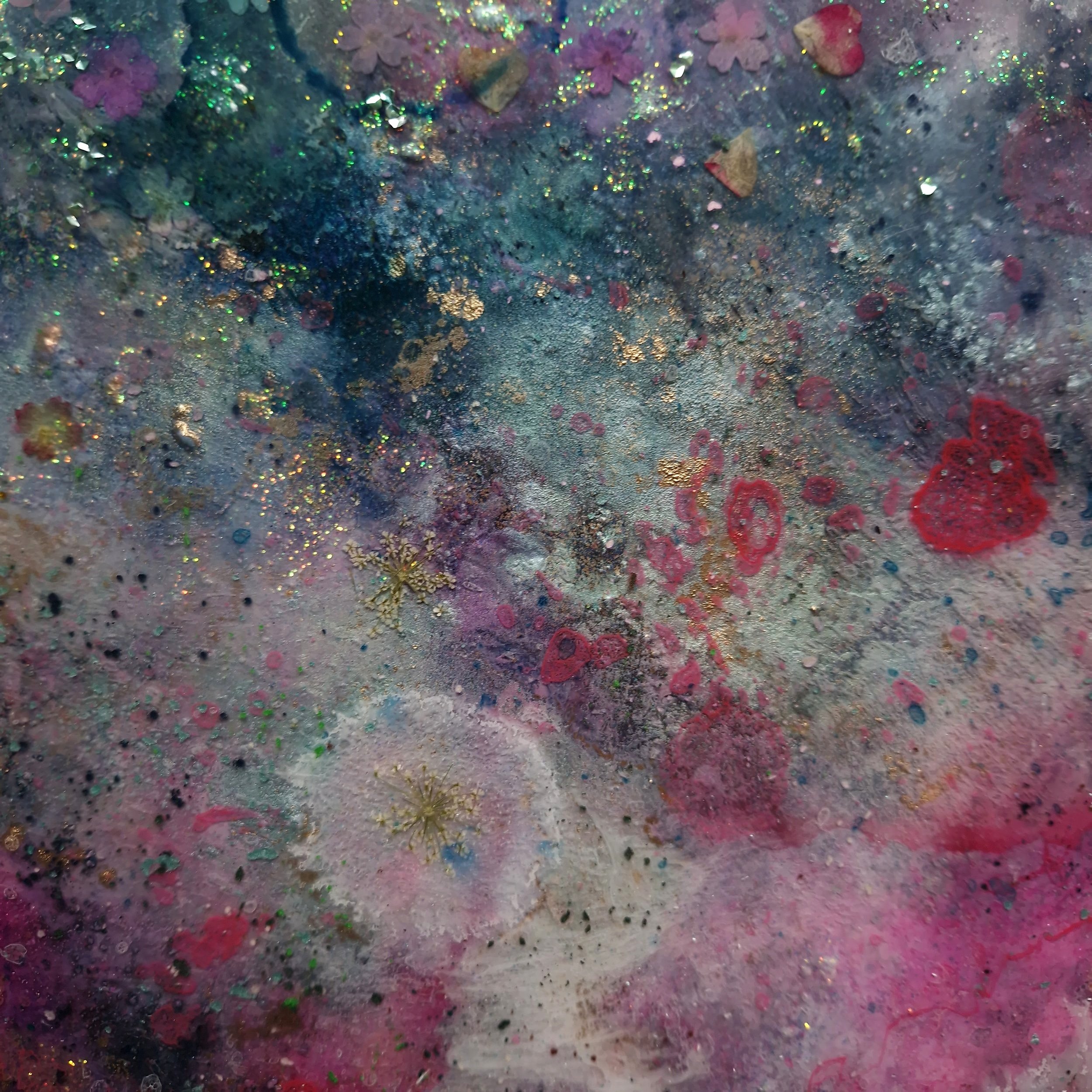 Floral real flowers green and pink original resin abstract wall art by Katie Alize UK abstract resin artist