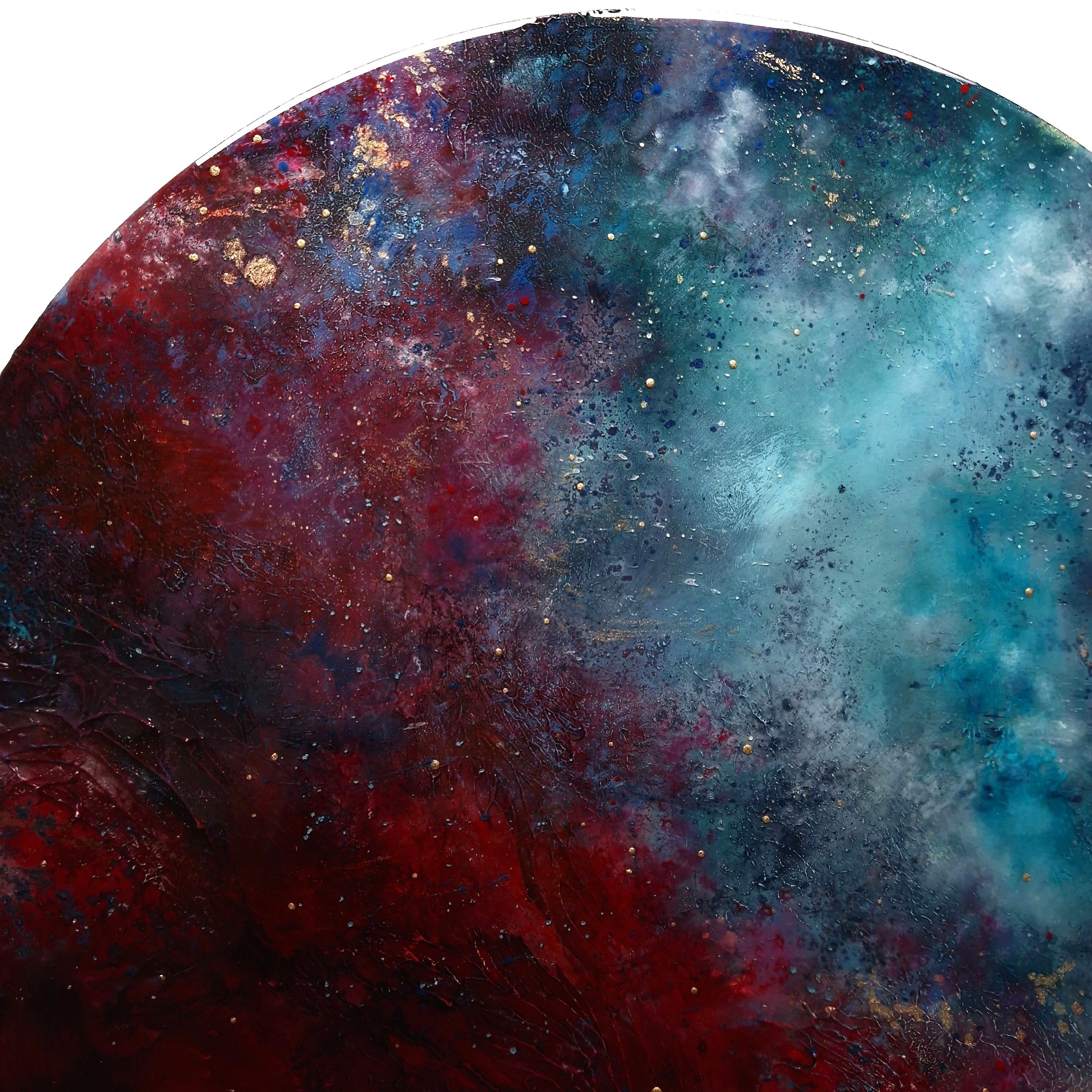 Red and blue dramatic abstract resin round wall art by UK artist Katie Alize