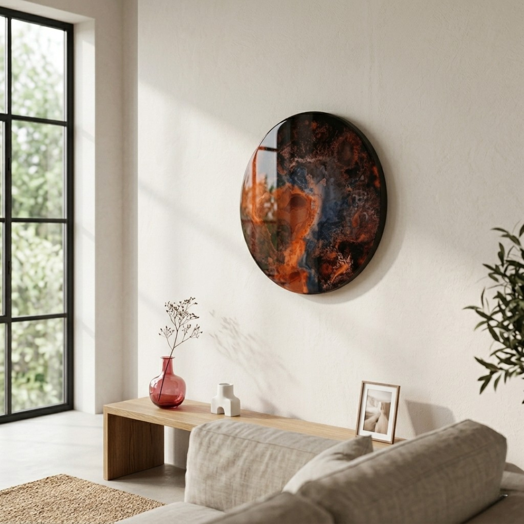 Brown copper gold metal resin circle mixed media abstract interior wall art designs made Katie Alize resin artist Essex London UK