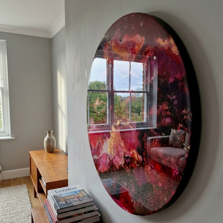 Round red womanhood femininity art with resin circle mixed media abstract interior large custom wall art designs made Katie Alize resin artist Essex London UK
