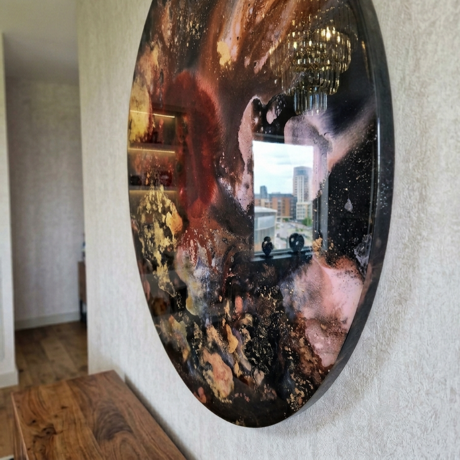 Brown black copper gold metal resin circle mixed media abstract interior large custom wall art designs made Katie Alize resin artist Essex London UK