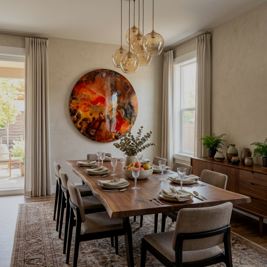 Brown orange fire black copper gold metal resin circle mixed media abstract interior large custom wall art designs made Katie Alize resin artist Essex London UK