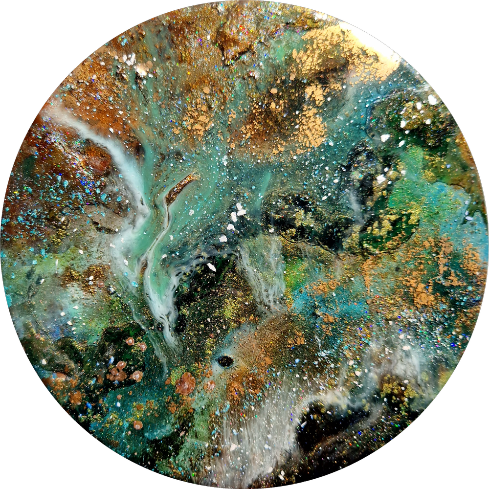 Abstract artwork featuring swirling green, white, gold, and black colors with glitter and textured details in a circular shape. Original bespoke abstract artwork created by artist Katie Alize, based in UK, Essex, London. Forest abstract art.