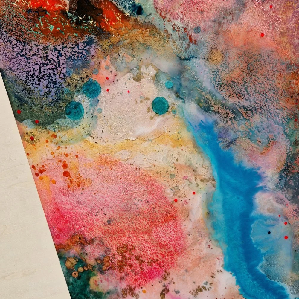 Modern interior with a colourful abstract painting on a white wall. Original bespoke abstract artwork created by artist Katie Alize, based in UK, Essex, London. Colourful abstract art.