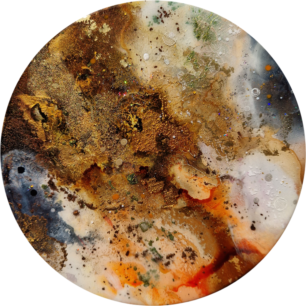 Abstract circular artwork with a mixture of metallic gold, bronze, silver, white, black, and orange colors, featuring textured patches, tiny specks, and iridescent spots. Abstract luxury gold resin mixed media artwork. Autumn inspired.