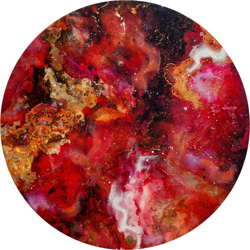 Abstract circular artwork featuring vibrant red, pink, orange, black, abstract resin and ink circular painting with red, pink, orange, black, and white colours. Feminine artwork, female rage artwork, female cycle artwork, woman artwork.