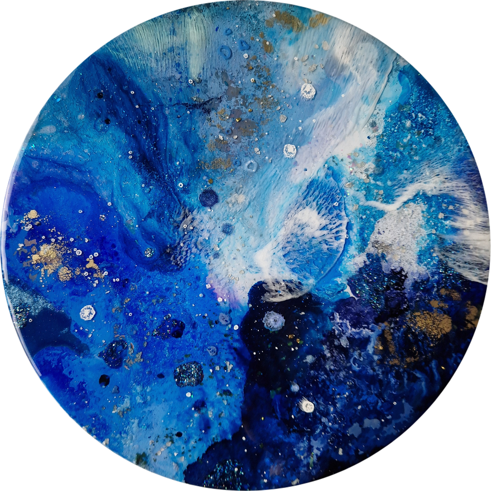 Circular blue resin abstract art with shades of blue, white, and black, ocean resin art, ocean epoxy art, ocean art, coastal decor, coastal art. Original bespoke abstract artwork created by artist Katie Alize, based in UK, Essex, London.