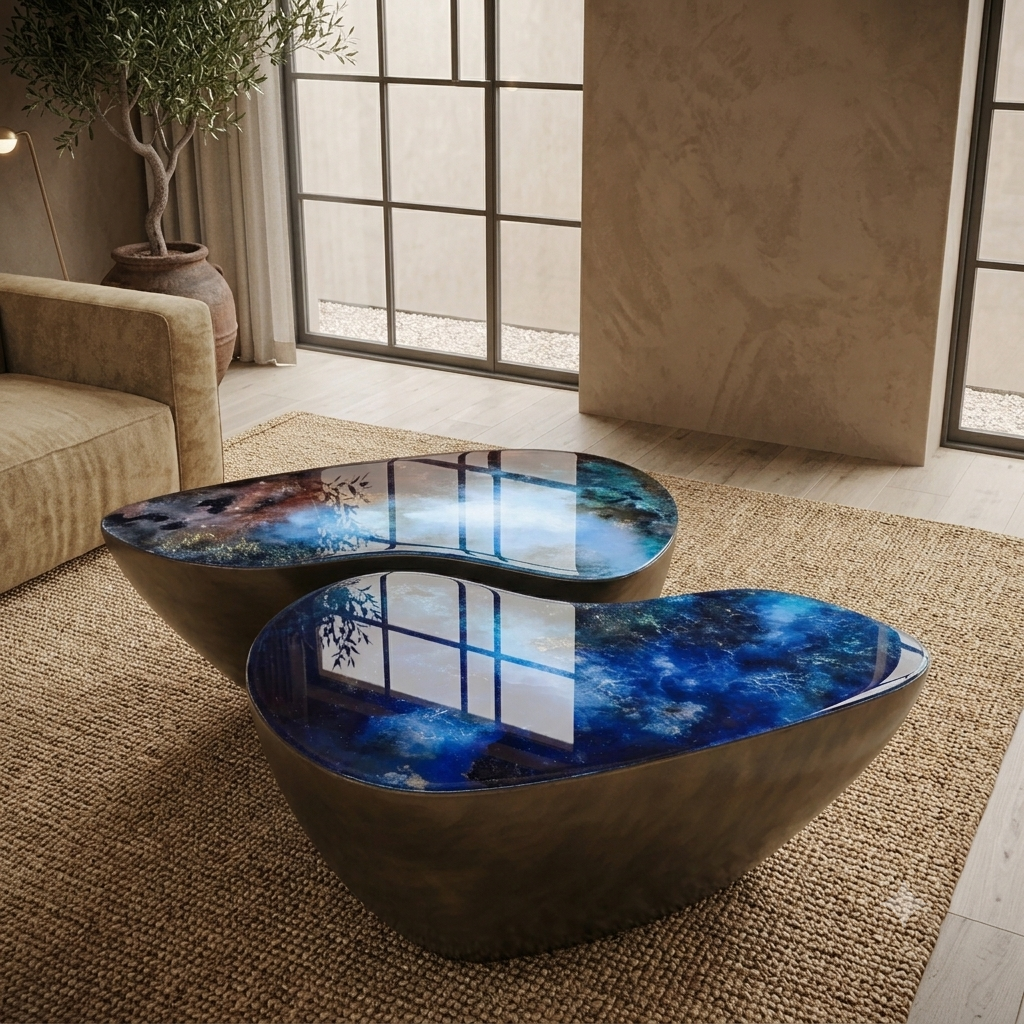 Elemental Tables by Katie Alize x Kaizen combine contemporary resin art with sculptural furniture design.