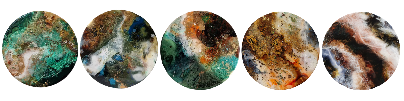 Abstract circular paintings with Katie Alize resin art of various colors including green, white, black, blue, orange, and brown.