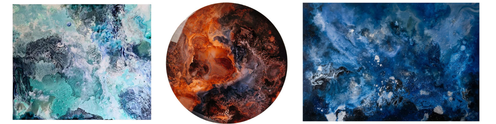 Abstract art with two rectangular paintings featuring swirling textures in shades of blue, black, and white, and a circular painting with fiery red, orange, and black marbled patterns. custom bespoke abstract art Katie Alize resin art