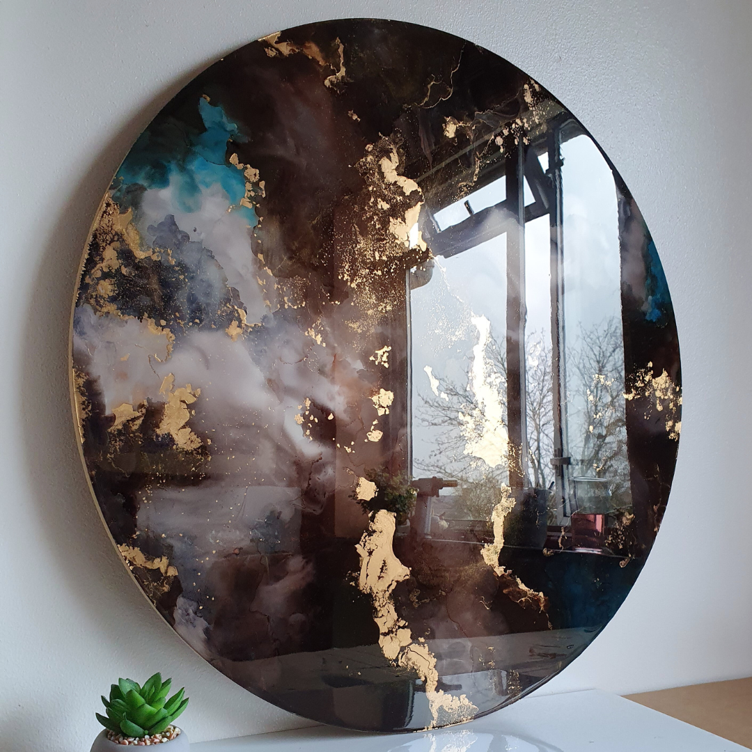Commissioned custom bespoke round original artwork with metallic, featuring various shades of brown, black, and metallic gold. Abstract luxury resin mixed media artwork created by UK based artist Katie Alize. London Essex Chelmsford
