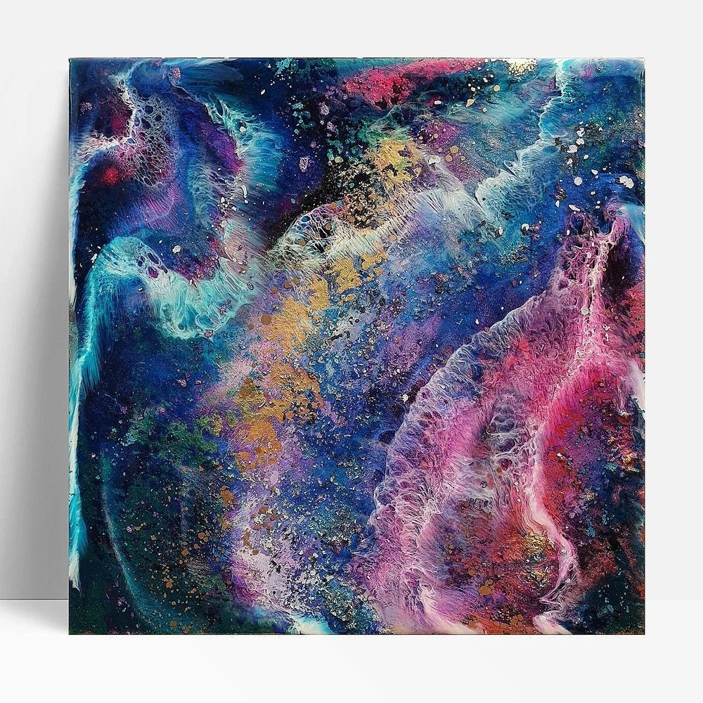 Circular blue resin abstract art with shades of blue, white, and black, ocean resin art, ocean epoxy art, ocean art, coastal decor, coastal art. Original bespoke abstract artwork created by artist Katie Alize, based in UK, Essex, London.