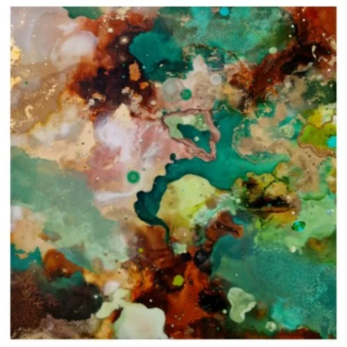 Abstract epoxy resin painting with splashes of green, blue, brown, black, and white. Abstract forest inspired green resin mixed media artwork created by UK based artist Katie Alize. London Essex Chelmsford