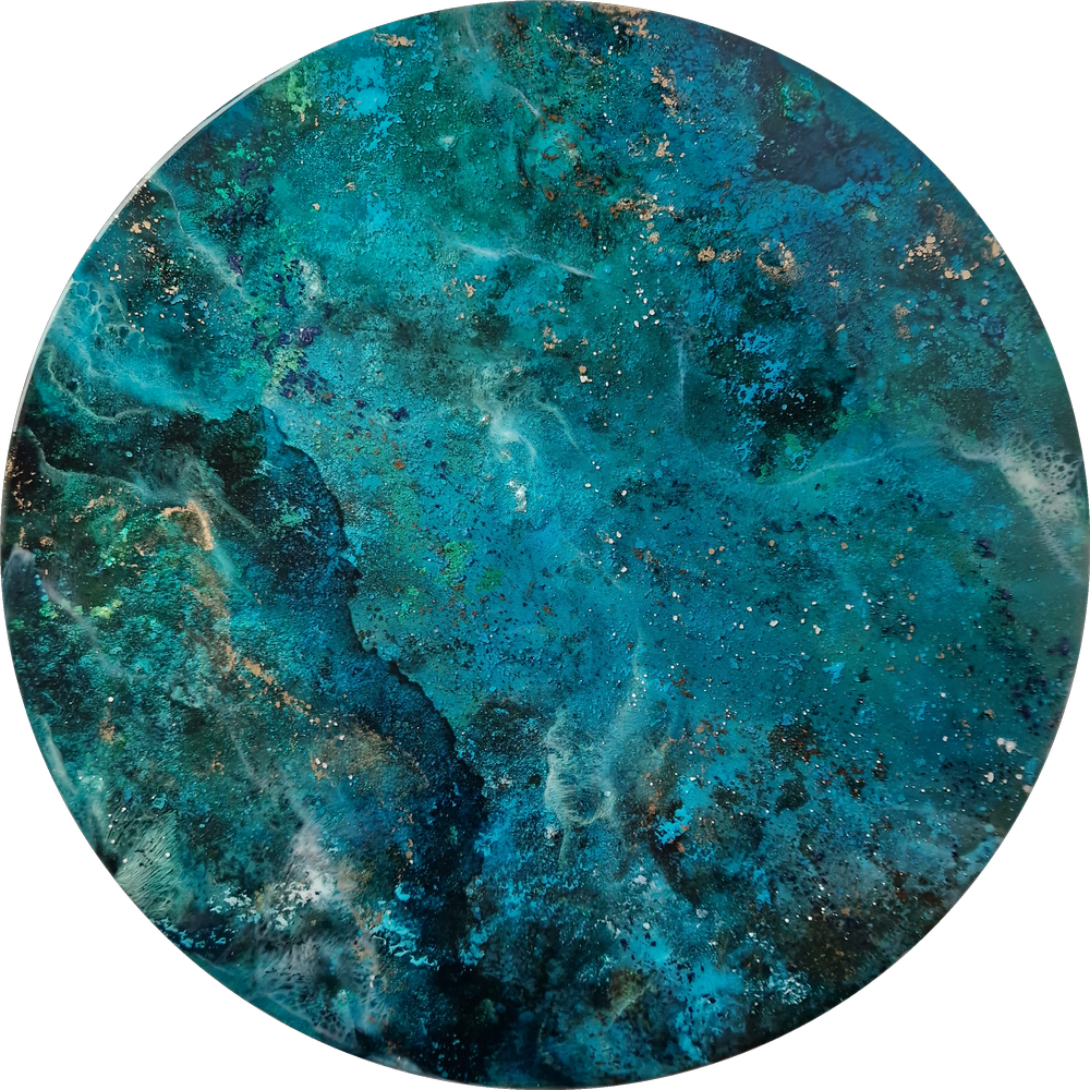 Close-up of a circular abstract painting with shades of teal, blue, green, and hints of gold and white, resembling a cosmic or underwater scene.  Abstract ocean resin mixed media artwork created by UK based artist Katie Alize