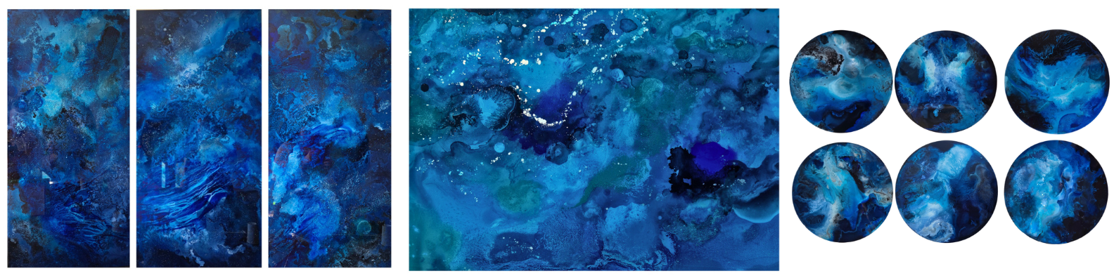 Set of four vertical and one large horizontal abstract blue paintings with Katie Alize resin art, and six smaller circular abstract art pieces featuring blue hues and fluid patterns.