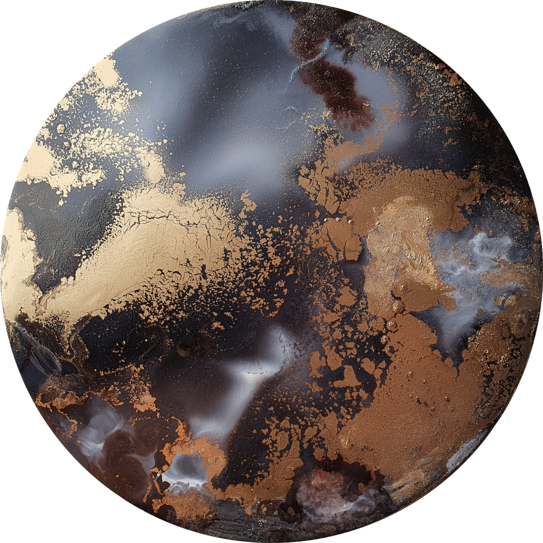 Commissioned custom bespoke round original artwork with metallic, featuring various shades of brown, black, and metallic gold. Abstract luxury resin mixed media artwork created by UK based artist Katie Alize. London Essex Chelmsford