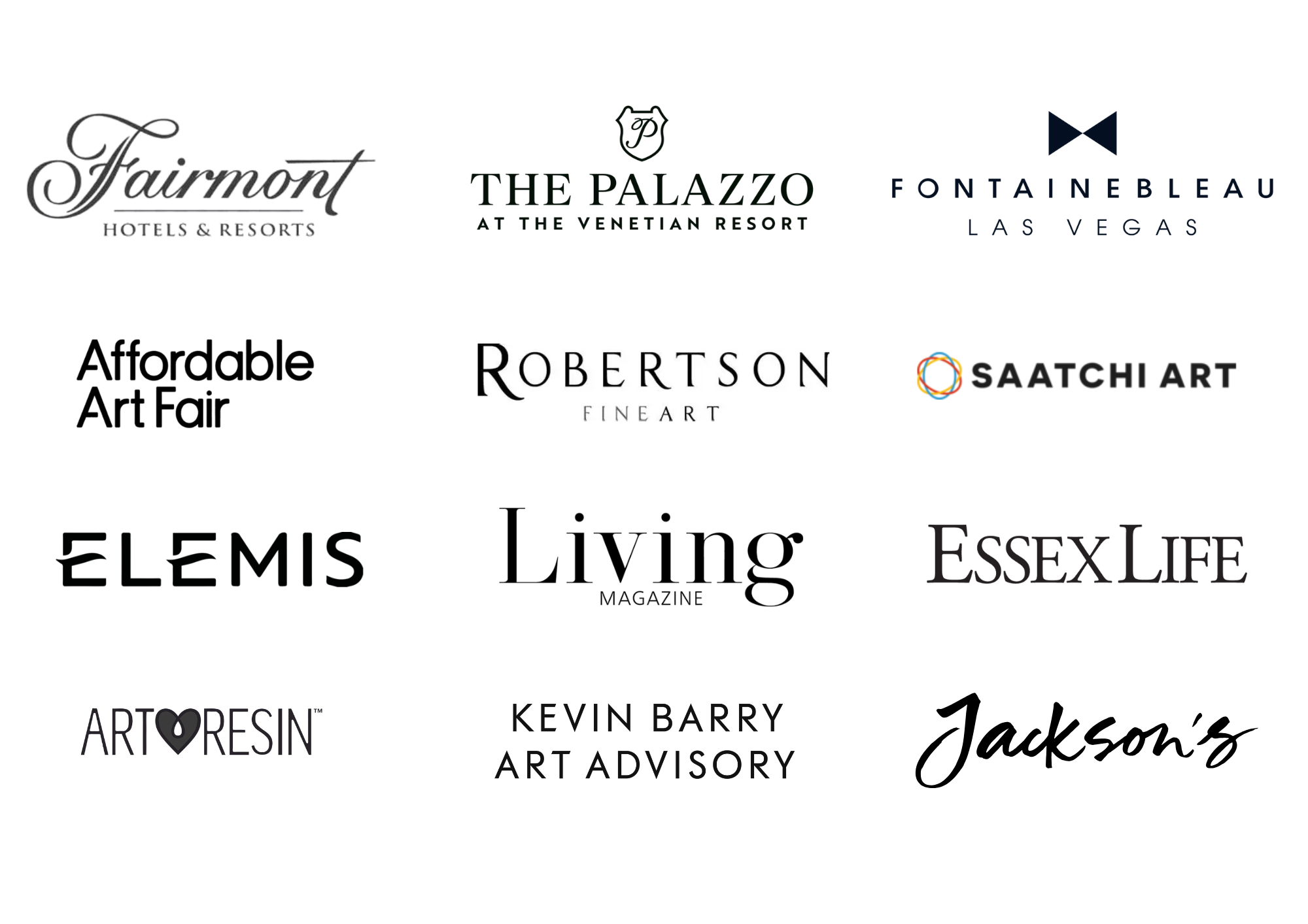 A collection of logos for various hotels, resorts, art fairs, magazines, and art advisory services arranged in a grid pattern.