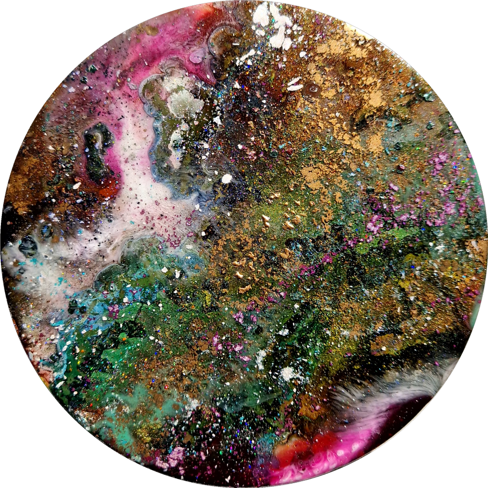 Abstract resin circular art piece with vibrant colors including pink, gold, green, and black, with metallic accents. Original bespoke abstract artwork created by artist Katie Alize, based in UK, Essex, London. Forest abstract art.