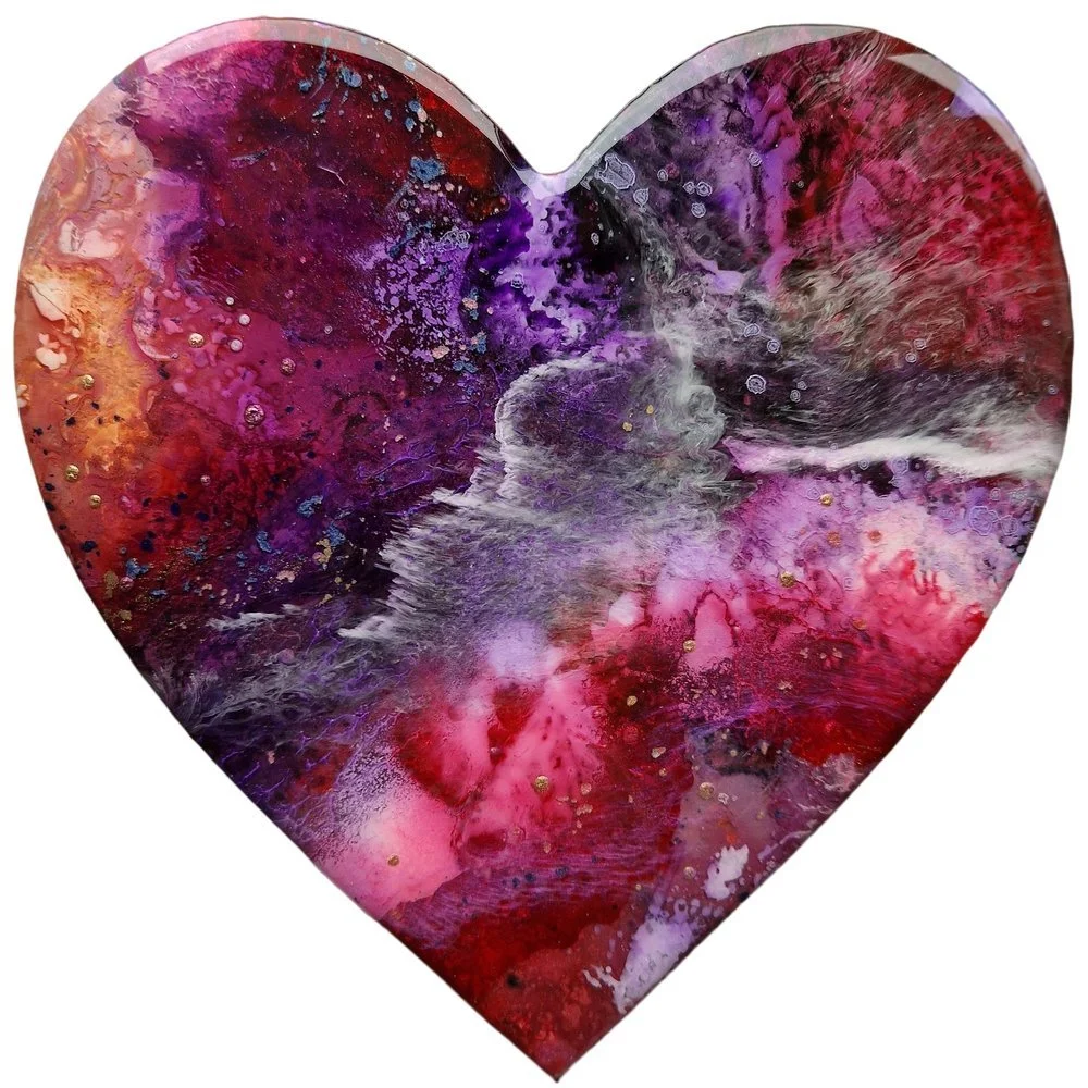 Abstract resin heart painting with pink, purple, black, and gold. Original bespoke abstract resin ink and mixed media artwork created by artist Katie Alize, based in UK, Essex, London.