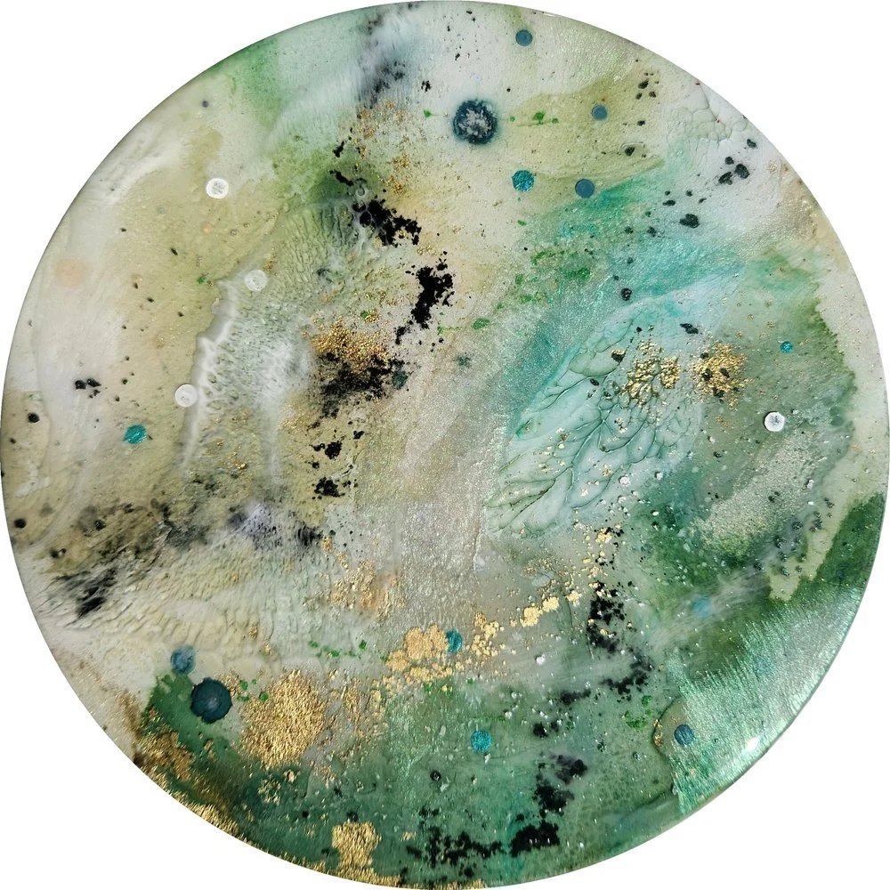 Abstract forest landscape painting in shades of green, blue, black, and white with metallic accents. Original bespoke abstract resin ink and mixed media artwork created by artist Katie Alize, based in UK, Essex, London.