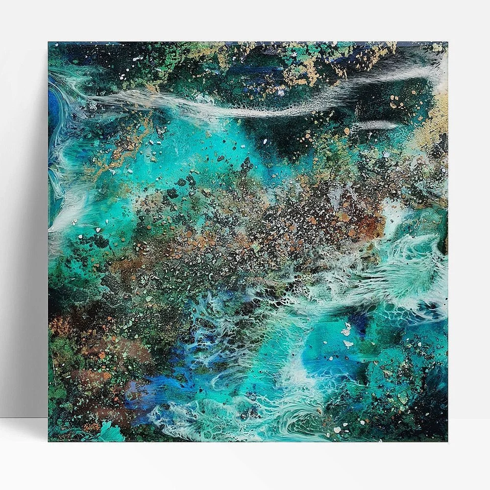 Circular blue resin abstract art with shades of blue, white, and black, ocean resin art, ocean epoxy art, ocean art, coastal decor, coastal art. Original bespoke abstract artwork created by artist Katie Alize, based in UK, Essex, London.