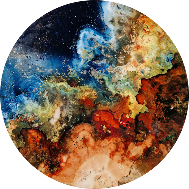 Abstract colorful painting with swirling patterns in shades of blue, red, orange, yellow, and white on a round canvas. Original bespoke abstract resin ink and mixed media artwork created by artist Katie Alize, based in UK, Essex, London.