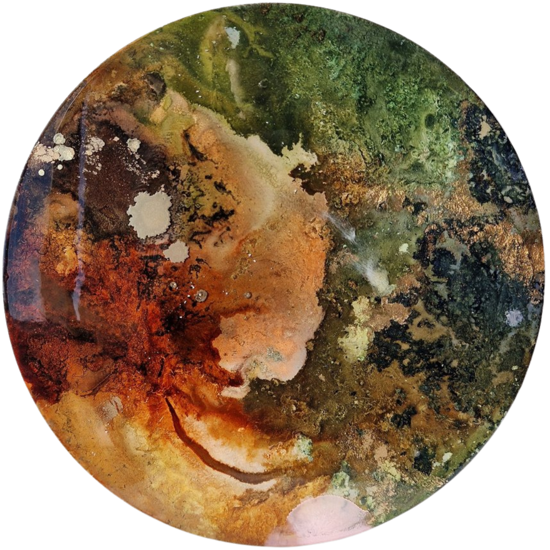 Abstract circular artwork with a woman's face in profile, blending into a textured, colorful background of green, orange, brown, and black.  Abstract resin mixed media artwork created by UK based artist Katie Alize