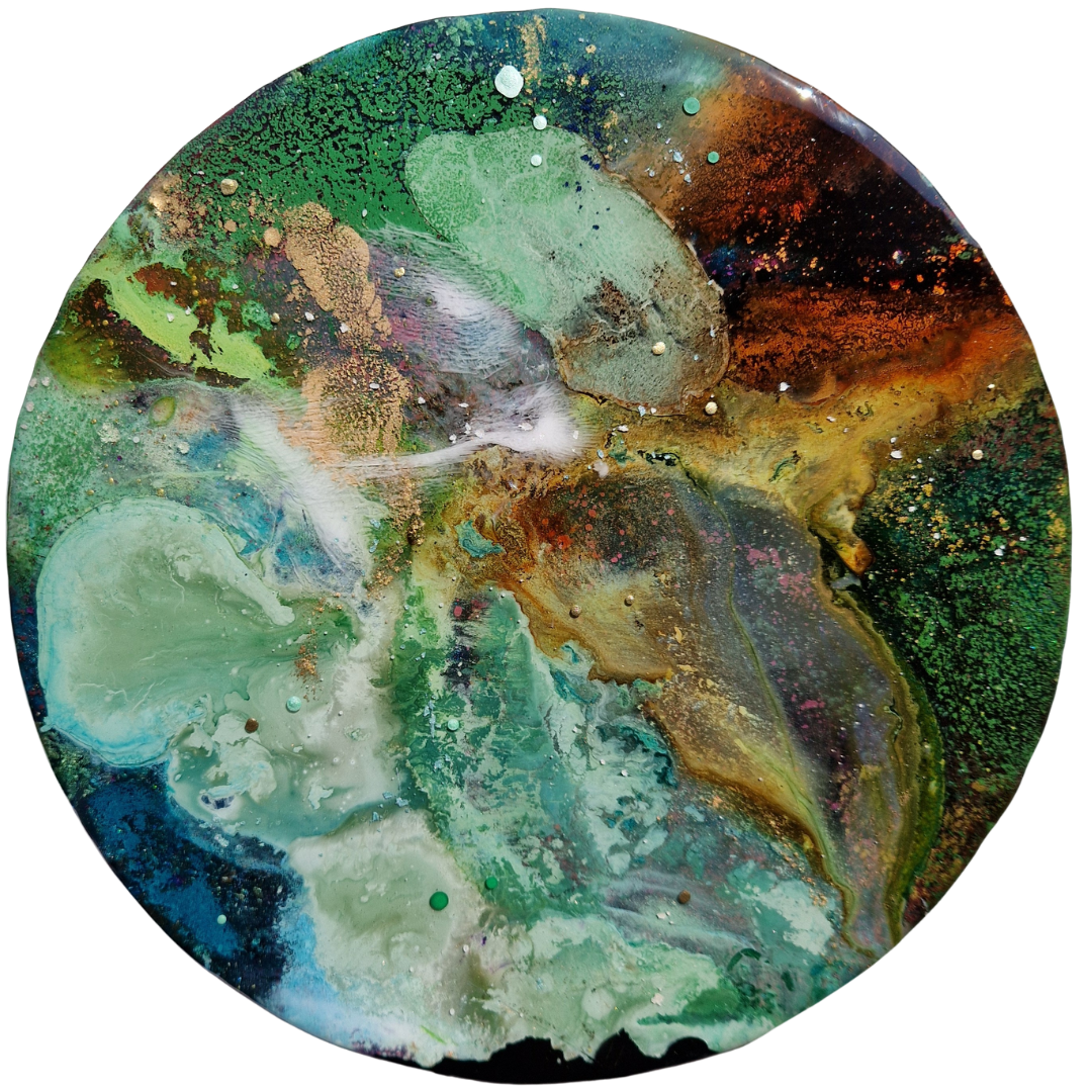 Abstract circular painting with vibrant green, yellow, brown, blue, and black colors, featuring textured patterns and small splatters. Abstract epoxy resin circular painting with splashes of green, blue, brown, black, and white. Abstract forest