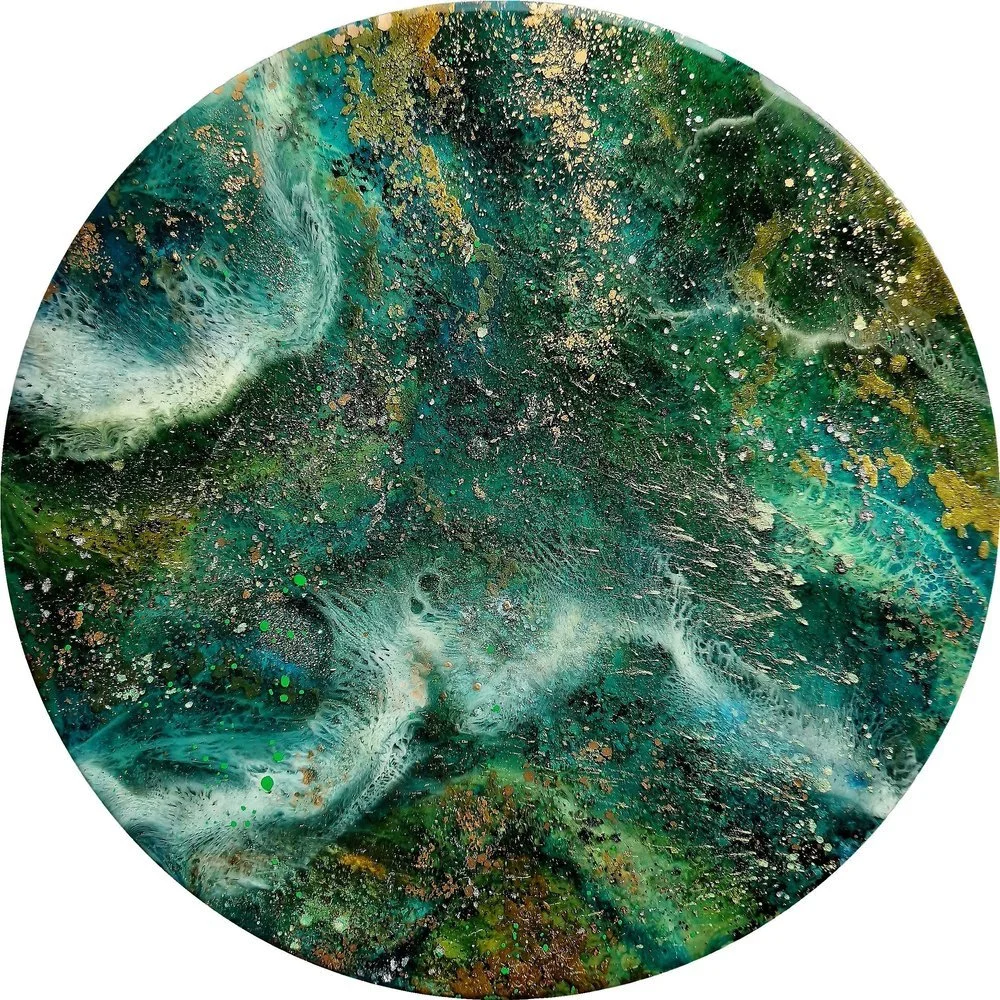 Abstract forest landscape painting in shades of green, blue, black, and white with metallic accents. Original bespoke abstract resin ink and mixed media artwork created by artist Katie Alize, based in UK, Essex, London.