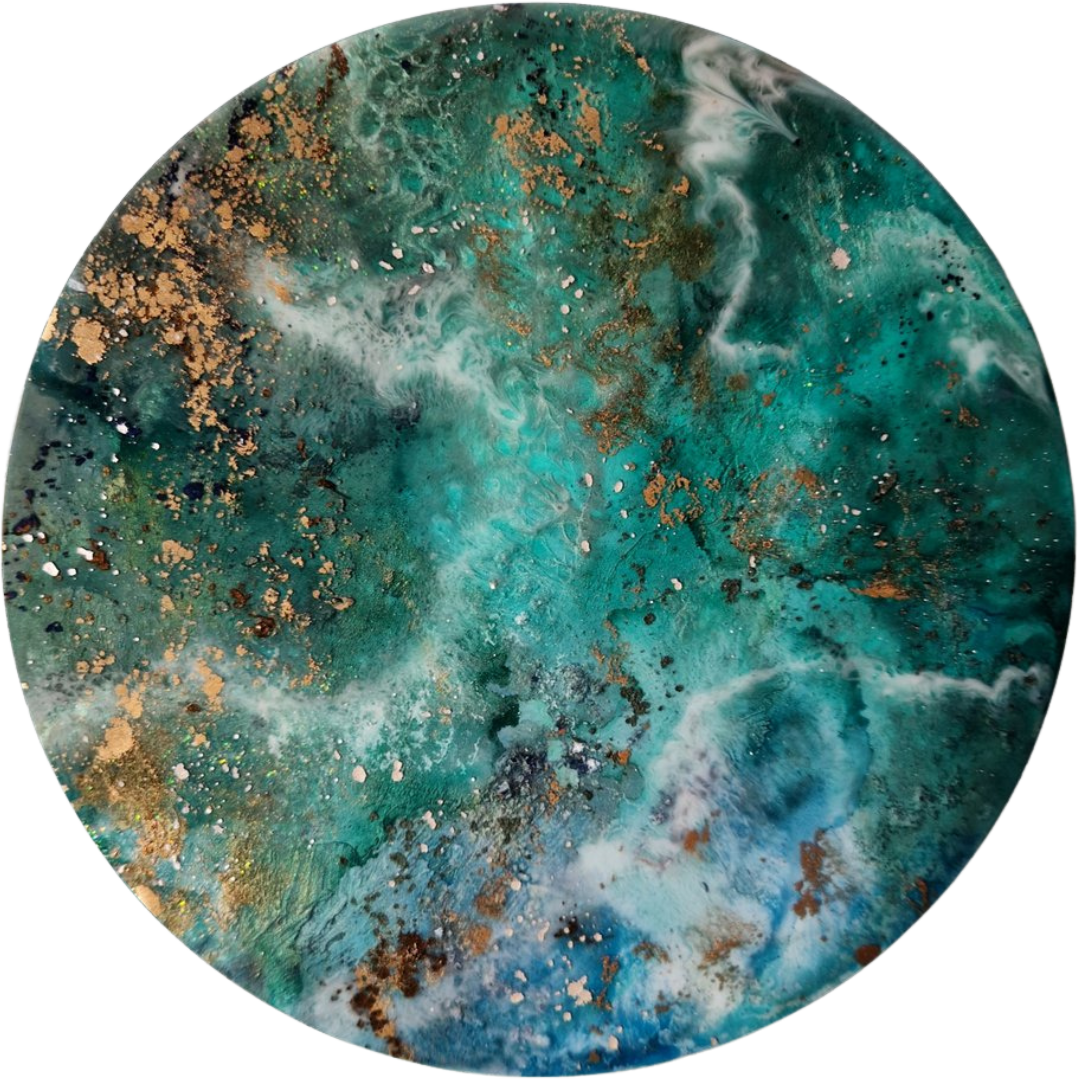 Abstract forest landscape painting in shades of green, blue, black, and white with metallic accents. Original bespoke abstract resin ink and mixed media artwork created by artist Katie Alize, based in UK, Essex, London.