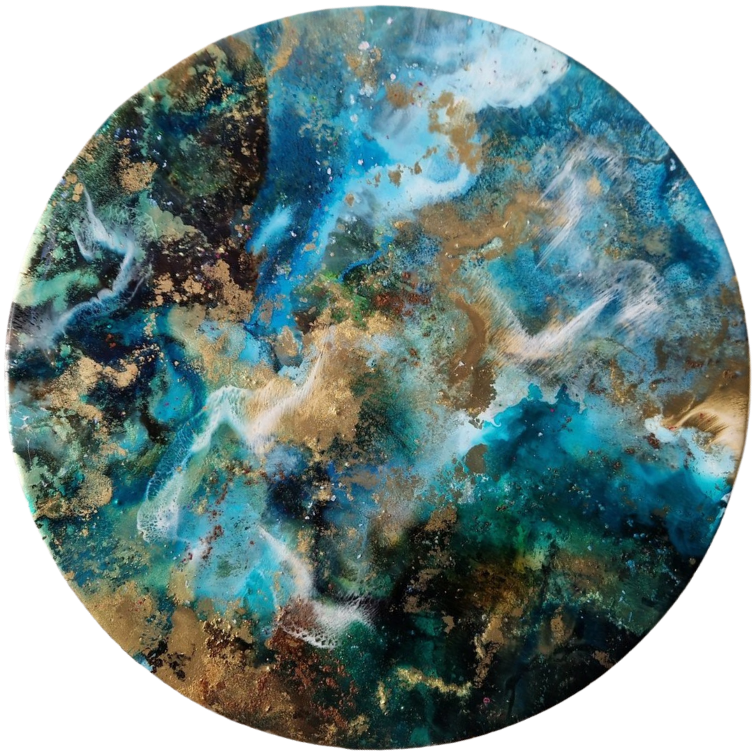 Round abstract painting with swirling shades of blue, black, white, and gold Blue resin abstract art with shades of blue, white, and black, ocean resin art, ocean epoxy art, ocean art, coastal decor, coastal art.