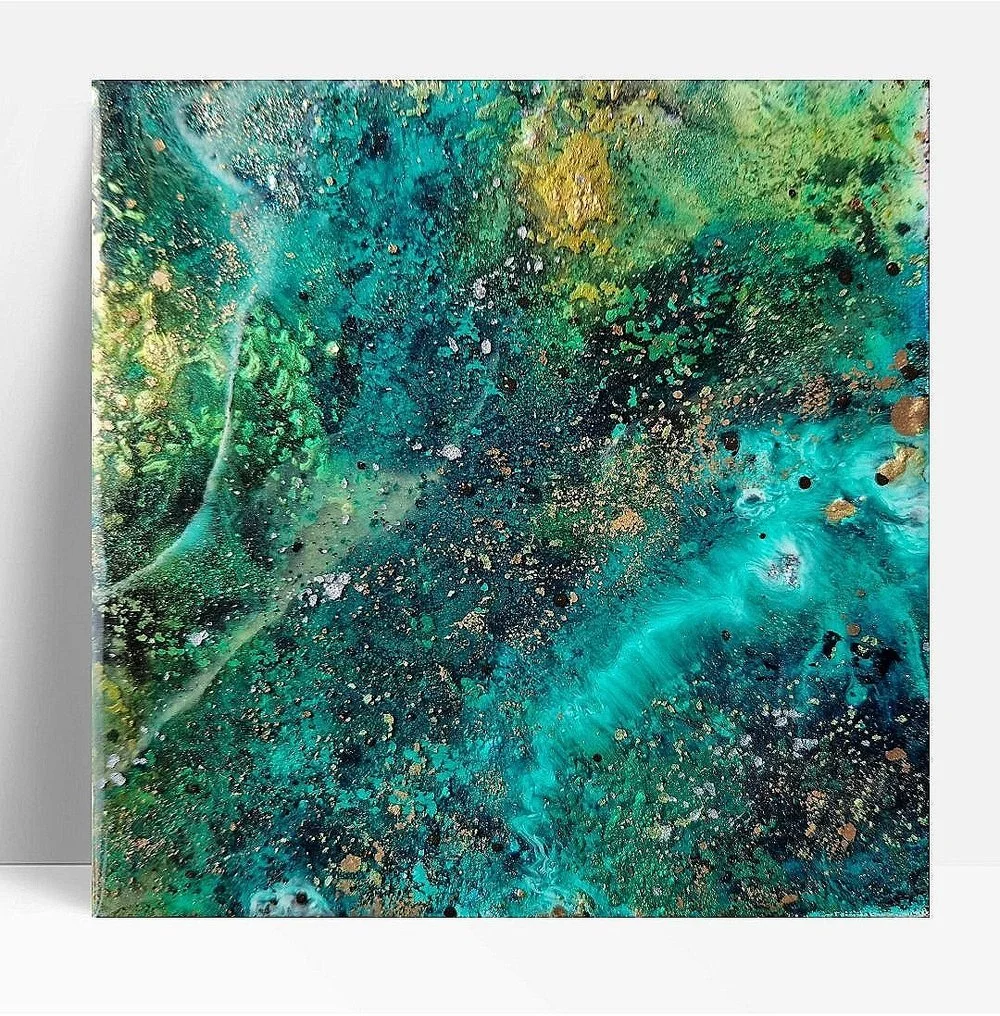 Abstract forest landscape painting in shades of green, blue, black, and white with metallic accents. Original bespoke abstract resin ink and mixed media artwork created by artist Katie Alize, based in UK, Essex, London.