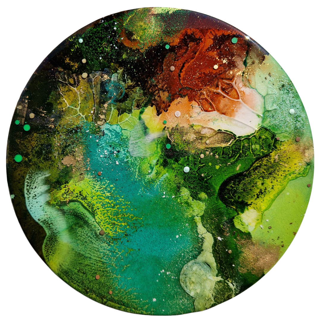 Abstract circular painting with vibrant green, yellow, brown, blue, and black colors, featuring textured patterns and small splatters. Abstract epoxy resin circular painting with splashes of green, blue, brown, black, and white. Abstract forest