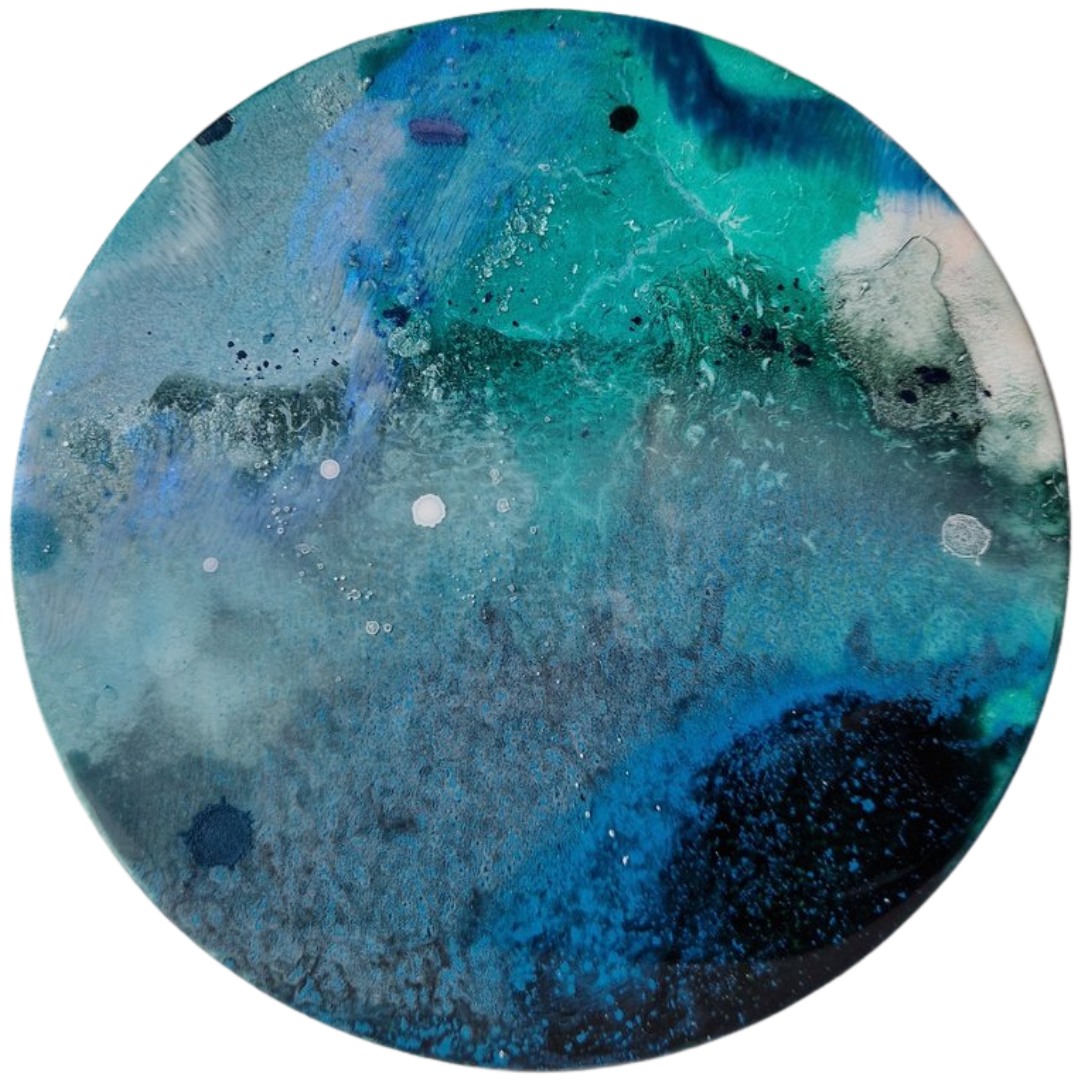 Abstract ocean resin circular artwork with swirling blue, teal, black, and white colors, resembling a cosmic or underwater scene. Created by UK resin artist Katie Alize Art. Ocean art, ocean resin painting, ocean resin art.