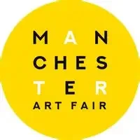 Yellow circular logo for Manchester Art Fair with black text.