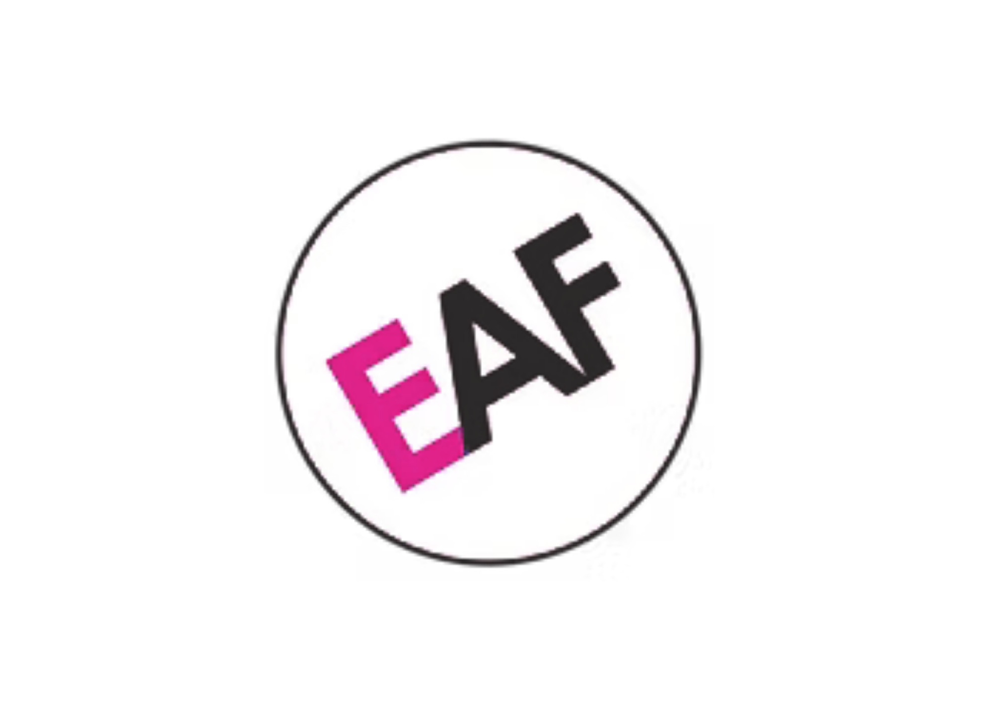 Close-up of a circular sticker with the text 'EAP' in bold pink and black letters on a white background.