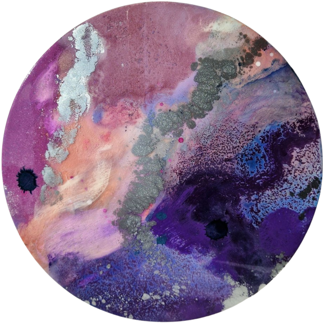 Abstract circular resin art piece with pink, purple, blue, black, and silver splashes and textures. Created by UK resin artist Katie Alize Art.
