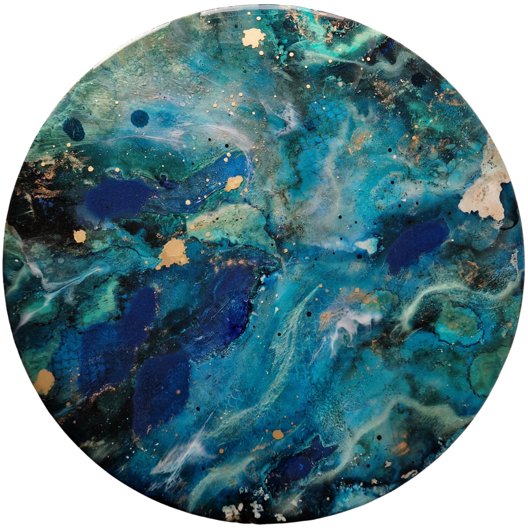 Abstract circular painting with shades of blue, teal, green, black, and gold splatters and swirling patterns.  Abstract ocean resin mixed media artwork created by UK based artist Katie Alize