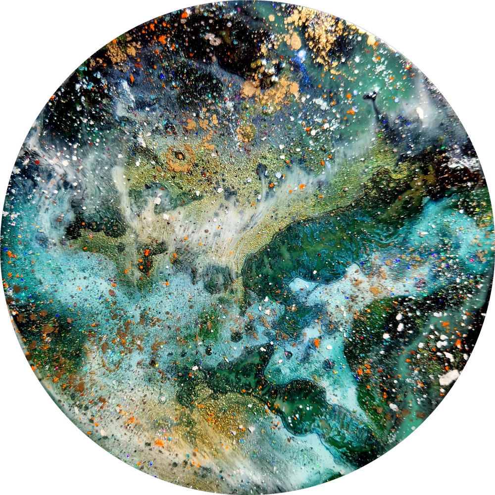 Abstract circular artwork with a blend of green, blue, black, and gold. Original bespoke abstract artwork created by artist Katie Alize, based in UK, Essex, London. Forest abstract art.
