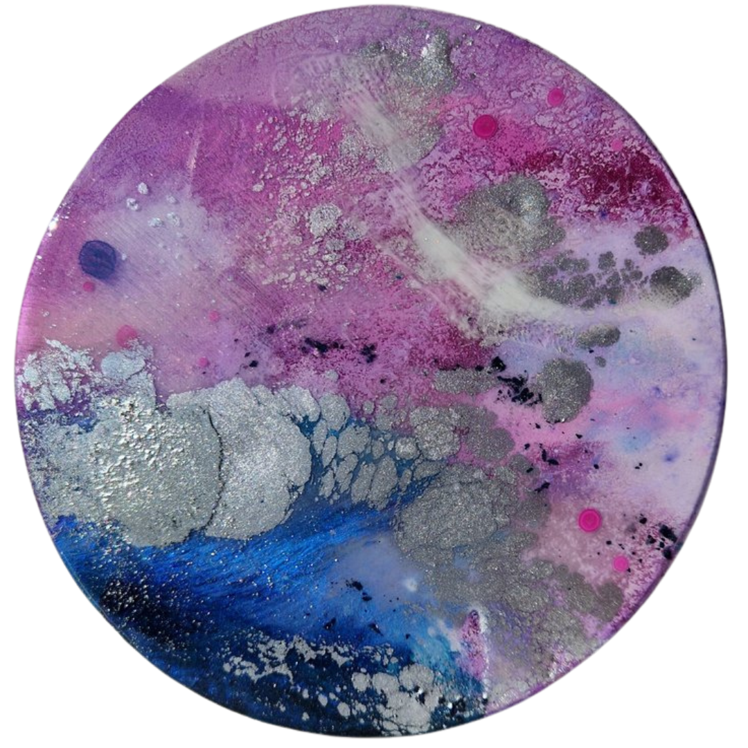 Abstract resin and ink circular artwork with pink, purple, blue, gray, and black splatters and textures. Created by UK resin artist Katie Alize Art.