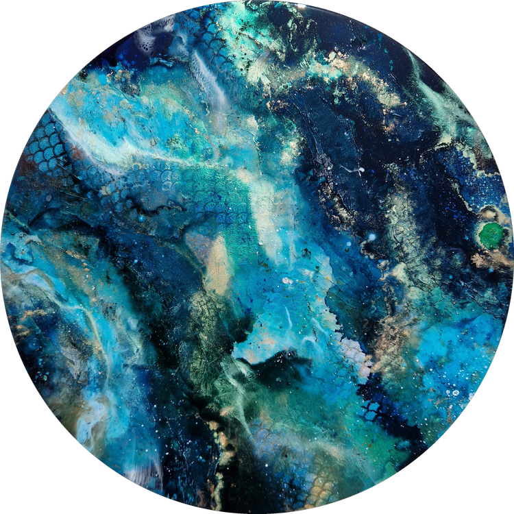 Abstract painting with blue, green, black, and white swirling colors and textured patterns.  Abstract ocean resin mixed media artwork created by UK based artist Katie Alize