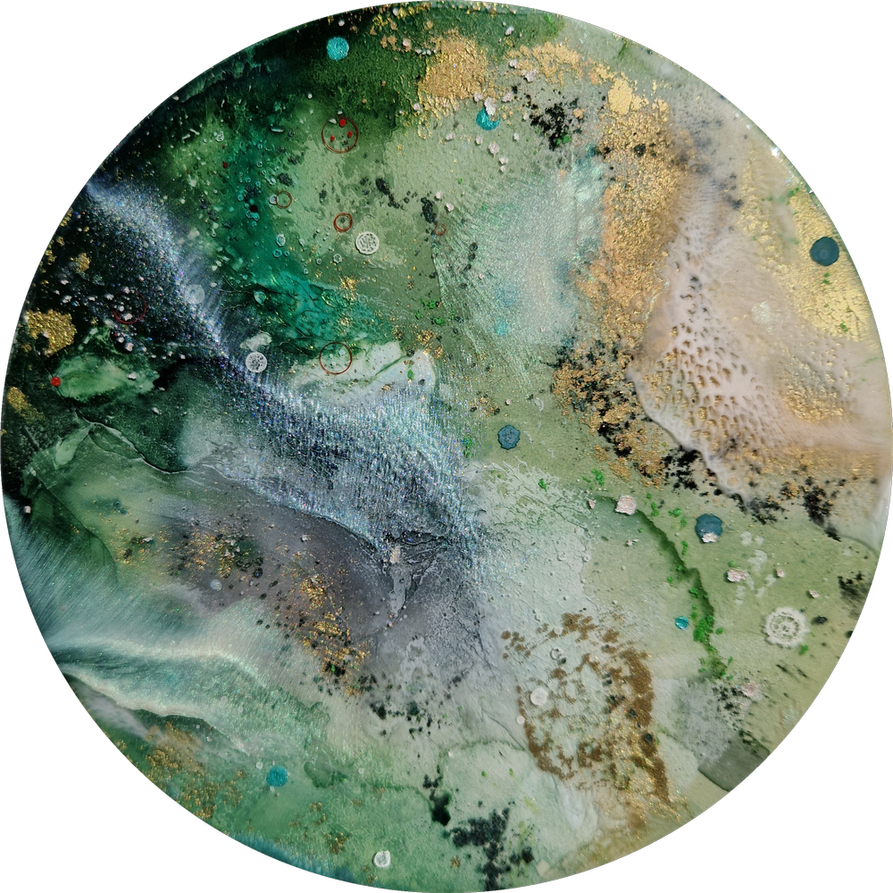 Abstract forest landscape painting in shades of green, blue, black, and white with metallic accents. Original bespoke abstract resin ink and mixed media artwork created by artist Katie Alize, based in UK, Essex, London.