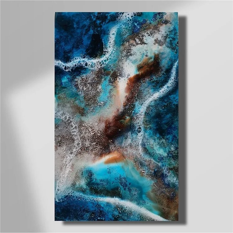 Abstract acrylic mixed media fluid resin painting with swirling blue, brown, black, white, and beige colors, resembling ocean waves or a cosmic scene.  Abstract ocean resin mixed media artwork created by UK based artist Katie Alize