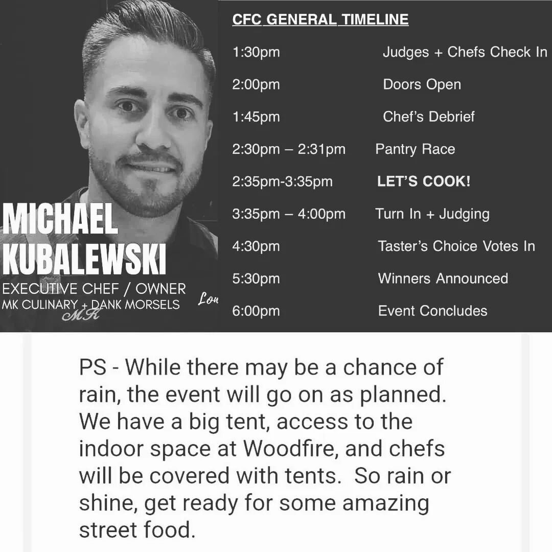 MK Culinary is gearing up for today's Culinary Fight Club competition!
 Eight Contestants will compete in the The Street Food Showdown : LONG GROVE, IL Saturday 8/20 at Woodfire Tavern to win your vote and score the highest with the Judges based on h