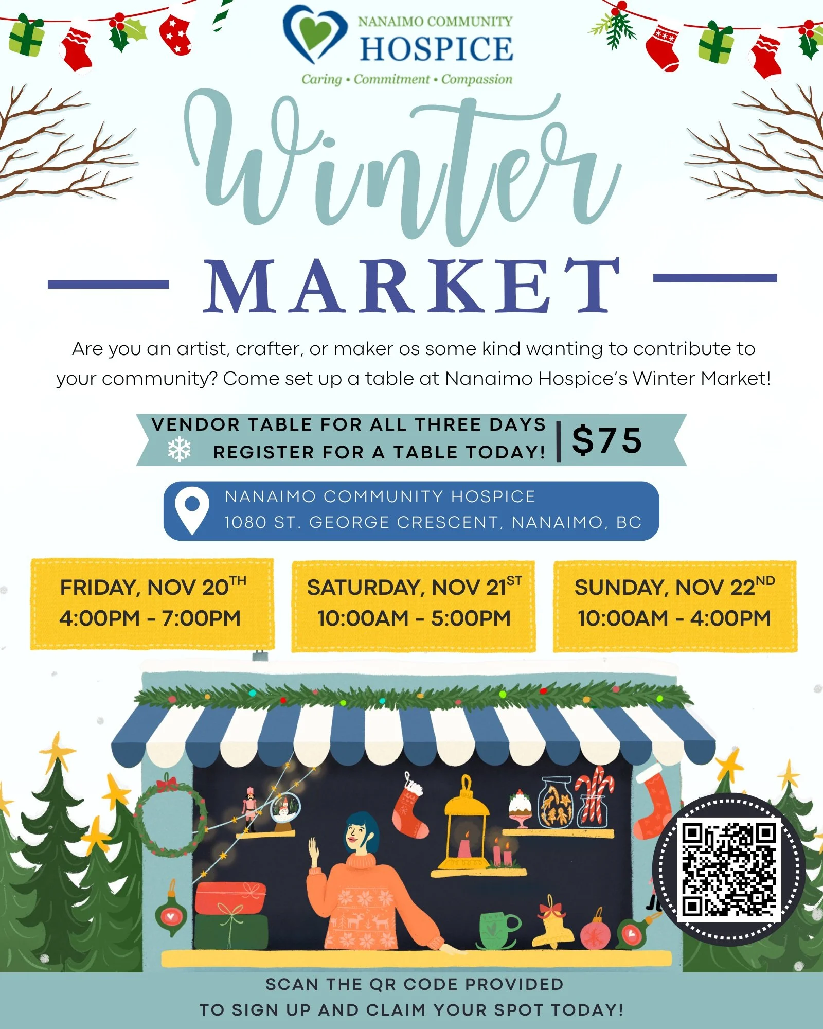 📣 CALL FOR VENDORS! ❄️🎄

Are you a local artist, crafter, maker, or small business looking for a festive opportunity to showcase your creations?

Join us for the Nanaimo Community Hospice Winter Market this November! 💚💙

We&rsquo;re looking for l