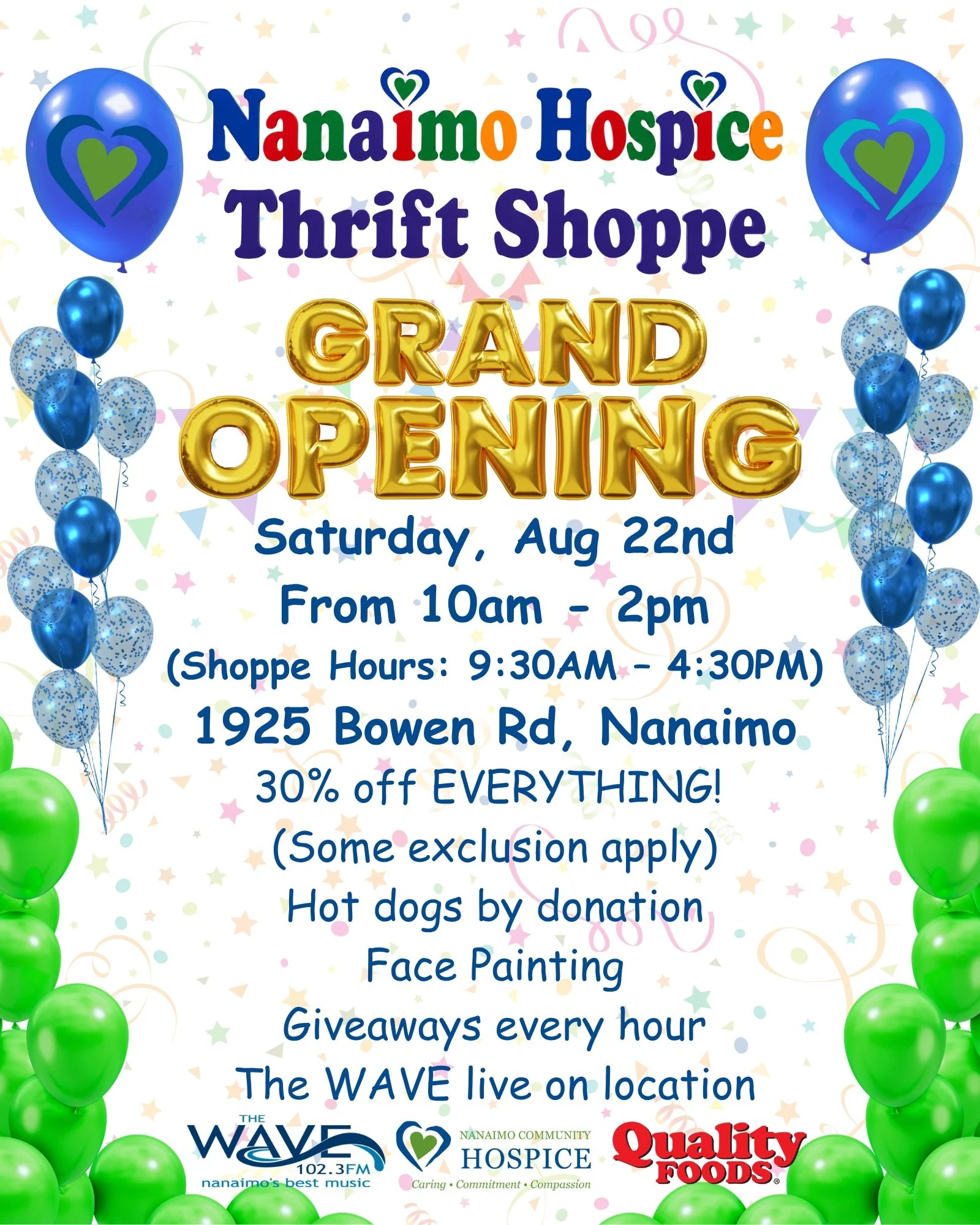 A BIG THANK YOU TO OUR SHOPPE GRAND OPENING SPONSORS!

We&rsquo;re so grateful to @qualityfoodsbc and @102.3thewave for supporting the Nanaimo Hospice Thrift Shoppe Grand Opening! @nanaimohospicethrift 

A special thank you to Quality Foods for gener